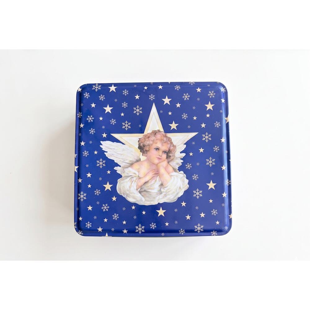 Vintage Christmas Angel Cherub Blue Tin Box 8x8x4 Stars Snowflakes Holiday